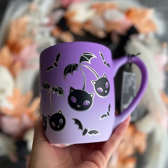 ✨NEW👻Cobwebs and Cauldrons Purple Soft Touch Cherry Bats Halloween Mug💜 - Picture 4 of 7